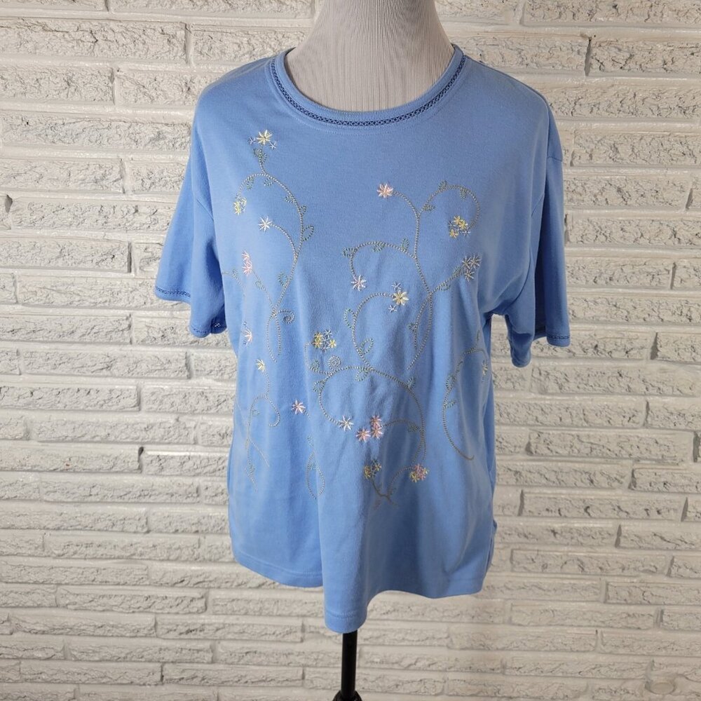 Kenneth Too XL Blue Top Short Sleeve Embroidered Floral Tee Cotton Blend BLU102E